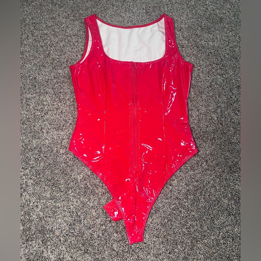 Faux red latex bodysuit